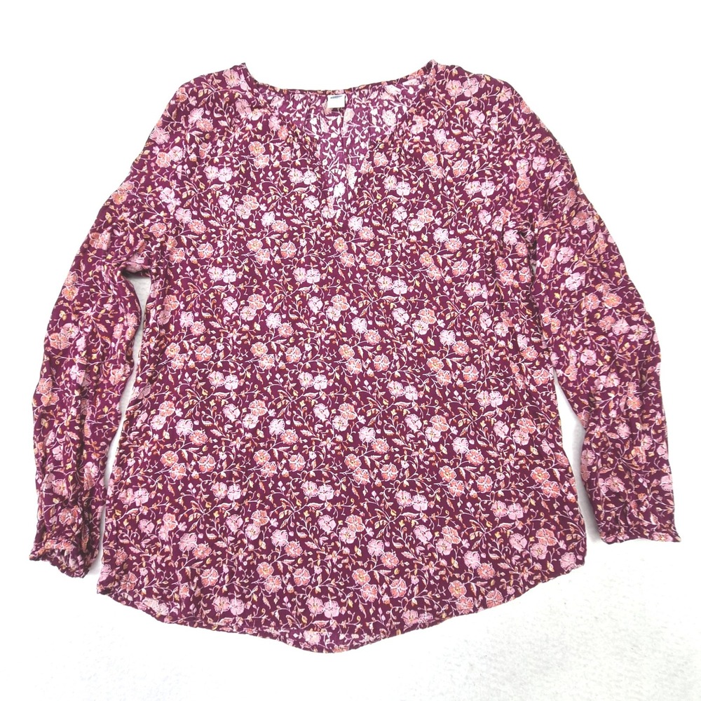 Old Navy Blouse Womens Medium Purple Floral Long Sleeve Relaxed Open Neck Top